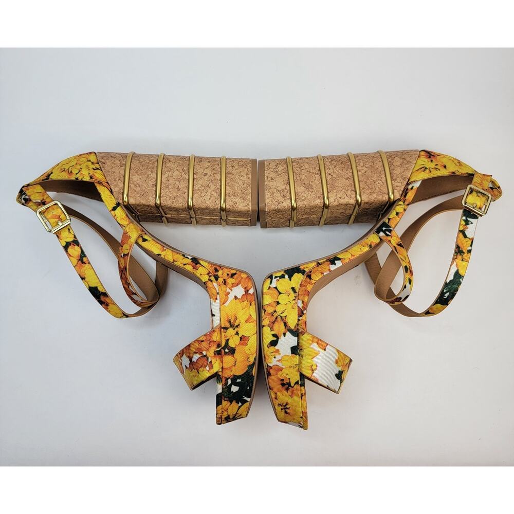 Cottagecore 9M Open Toe Yellow Floral Strappy 5" Block Heels Sandals Boho Retro - Picture 5 of 9